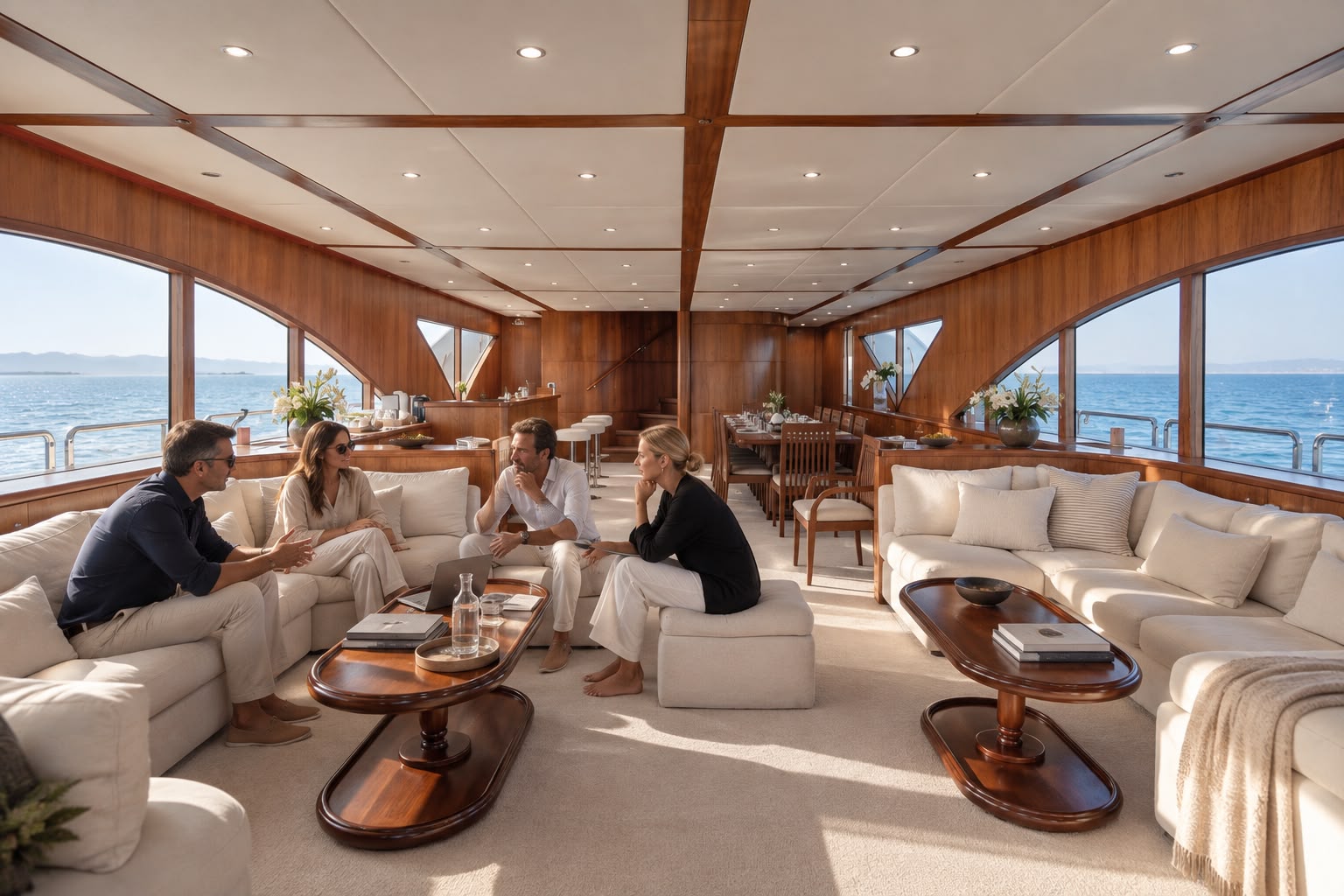 Four people in conversation in a yacht lounge