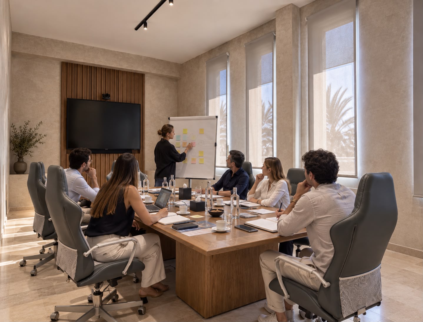 A team collaborating around a meeting table